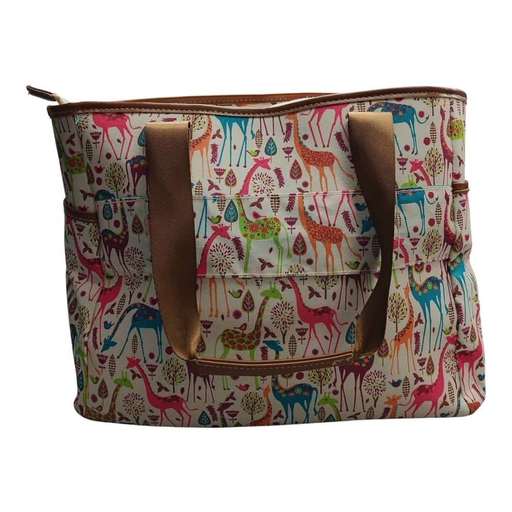 Lily Bloom Multicolor Giraffe Print Canvas Tote with Tan Handles